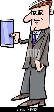 Cartoon Illustration of Man with Tablet or Smart Phone Phablet Stock Vector