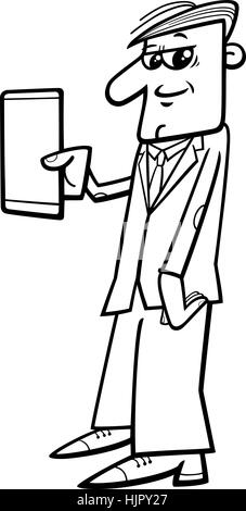 Black and White Cartoon Illustration of Man with Tablet or Smart Phone Phablet Stock Vector