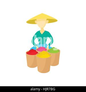 Asian man in a conical hat sells fruit icon in cartoon style on a white background Stock Vector
