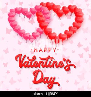 Red 3d lettering Happy Valentines day on pink background with butterflies and heart shaped balloons. Celebrating greeting card or banner with handwritten text. Font vector illustration. Stock Vector