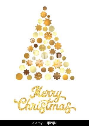Christmas tree isolated on white background with gold glittering texture hand lettering design. Stylish Xmas card with golden circles and snowflakes. Seasons greetings vector font illustration. Stock Vector