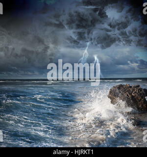 Image of dark night with lightning above stormy sea Stock Photo - Alamy