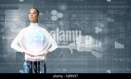 Young woman holding digital Earth planet in hands Stock Photo - Alamy