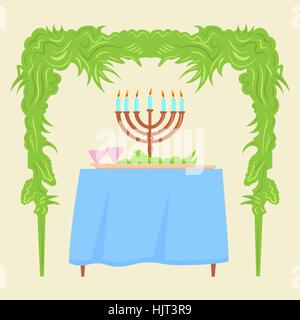 Sukkot Festival greeting card design vector template. Traditional Jewish Sukkot holiday decoration - the holiday hut. Stock Vector