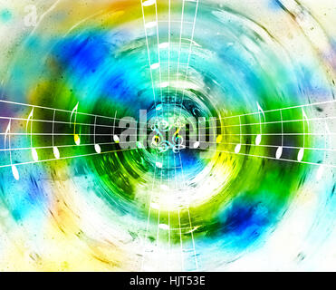 music notes in space with stars. abstract color background. Music concept. Stock Photo