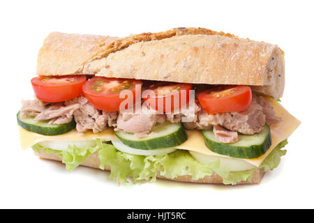 tuna sandwich with vegetables and cheese isolated on white background closeup Stock Photo