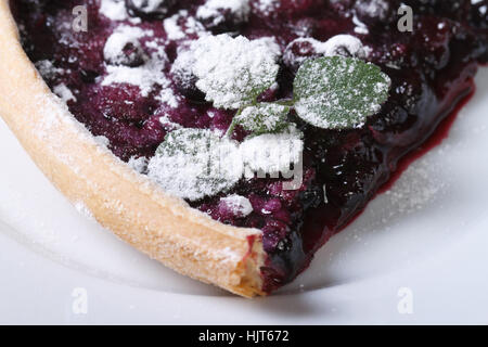 a piece of blueberry pie with mint and powdered sugar on a plate horizontal closeup Stock Photo