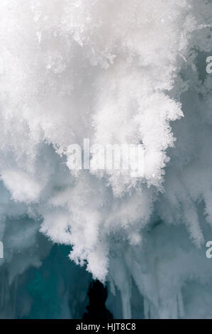 Snow crystals on the ceiling of a crevasse on the slopes of Mount Erebus in Antarctica. Stock Photo