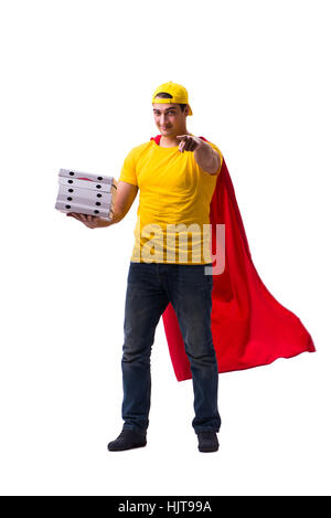 Super hero pizza delivery guy isolated on white Stock Photo