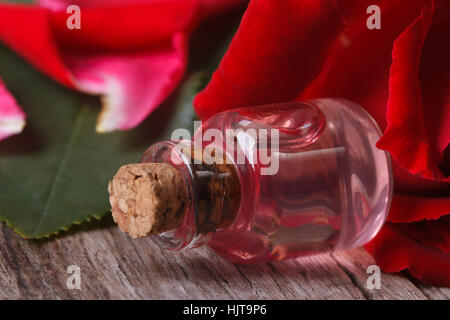Oil of rose petals in a bottle on a floral background. Horizontal close-up Stock Photo