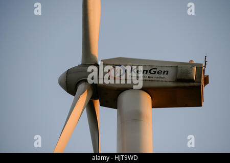 KENYA, Nairobi, Ngong Hills, 25,5 MW Wind Power Station with Gamesa wind turbines, owned and operated by KENGEN Kenya Electricity Generating Company, Gamesa ist part of company Siemens Gamesa Renewable Energy / KENIA, Ngong Hills Windpark, Betreiber KenGen Kenya Electricity Generating Company mit Gamesa Windkraftanlagen Stock Photo