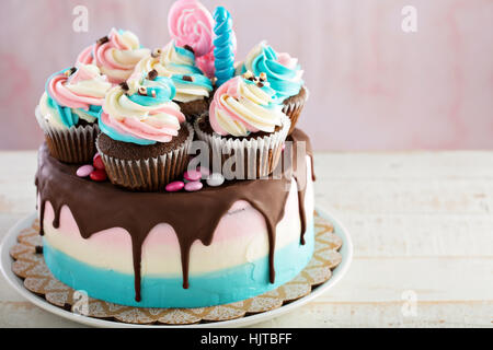 Pink and blue festive cake Stock Photo