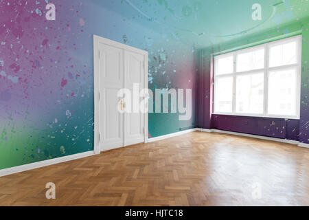 paint splashes on colored walls in renovated flat Stock Photo