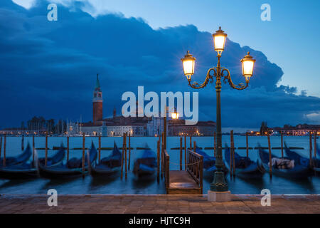 Early morning view over Gondolas and San Giorgio Maggiore, Venice, Veneto, Italy Stock Photo