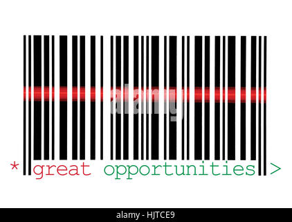 Scanning Great Opportunities Barcode Macro Closeup, Isolated Red Laser Beam Stock Photo