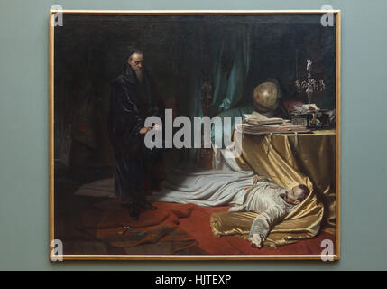 Painting Seni at the Dead Body of Wallenstein (1855) by German historical painter Karl von Piloty on display in the Neue Pinakothek (New Pinacotheca) in Munich, Bavaria, Germany. Italian astrologist Giovanni Battista Seni depicted looking at the dead body of Albrecht von Wallenstein after the assassination on 25 January 1634 as it was described in the drama Wallenstein's Death (Wallensteins Tod) by German author Friedrich Schiller. Stock Photo