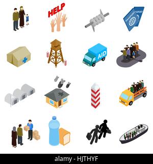 Refugees icons set in isometric 3d style on a white background Stock Vector