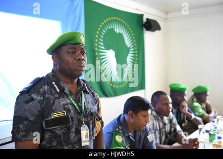 The African Union Mission in Somalia (AMISOM) Police Training Coordinator, Assistant Commissioner of Police (ACP) Francis Ayitey Aryee, addresses police officers rotating out of AMISOM after one year of service to the mission in Mogadishu, Somalia, on December 28, 2016. Stock Photo