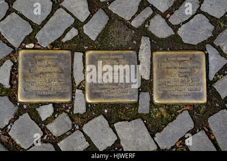 Stolperstein (stumbling stone) on the streets of Berlin. Names of people who lived in the nearby buildings taken by the Nazi's Stock Photo