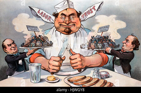 The promised feast - Political cartoon shows President William McKinley, on the left, offering up a steaming plate of bloated male figures labeled 'Commercial Trusts' and, on the right, William Jennings Bryan offering up a similar plate, also labeled 'Commercial Trusts' to a large man sitting between them, at a table set for a meal, wearing a napkin tied around his neck, the tabs labeled 'Labor Trust', holding a knife and fork. 1900 Stock Photo