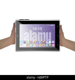 hands holding a tablet computer icon. Illustration Stock Vector