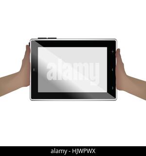 hands holding tablet computer blank screen Stock Vector