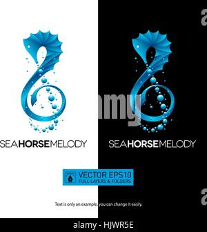 Seahorse-shaped music concept with treble clef for your designs. Isolated vector illustration logo on white background. Full layers and folders. Stock Vector