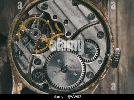 close up of old clock mechanism. Macro Stock Photo