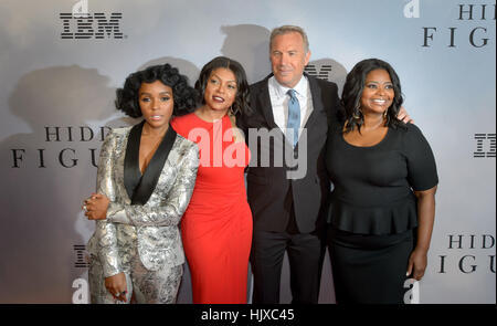 American musical recording artist, actress, and model Janelle Monáe, left, American actress and singer Taraji P. Henson, American actor, film director, and producer Kevin Costner, and American actress Octavia Spencer arrive on the red carpet for the global celebration of the film &quot;Hidden Figures&quot; at the SVA Theatre, Saturday, Dec. 10, 2016 in New York. The film is based on the book of the same title, by Margot Lee Shetterly, and chronicles the lives of Katherine Johnson, Dorothy Vaughan and Mary Jackson -- African-American women working at NASA as “human computers,” who were critical Stock Photo