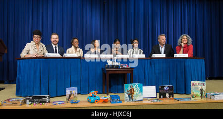Knatokie Ford, senior policy advisor, White House Office of Science and Technology Policy moderates a panel discussion with, from left to right, director Theodore Melfi; author Margot Lee Shetterly; actress and singer Taraji P. Henson; actress Octavia Spencer; musical recording artist, actress, and model Janelle Monáe; actor, film director, and producer Kevin Costner; and producer Mimi Valdés, after a screening of the film “Hidden Figures” at the White House, Thursday, Dec. 15, 2016 in Washington. The film is based on the book of the same title, by Margot Lee Shetterly, and chronicles the live