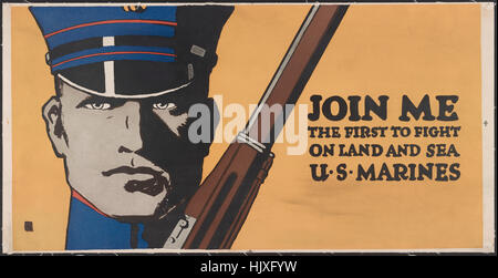 Close-Up Portrait of Marine with Rifle, 'Join Me, the First to Fight on Land and Sea, U.S. Marines', World War I Recruitment Poster, by Artist John A. Coughlin, 1917 Stock Photo