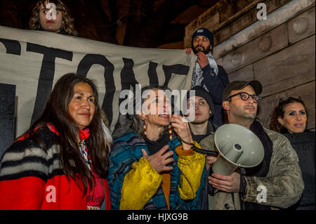 New York, USA. 24th Jan, 2017. Hundreds of New Yorkers joined Actress Jane Fonda and Film Director Josh Fox in the evening of January 24 at Columbus Circle in New York for a rally and march to Trump Tower in a massive peaceful protest after Trump signs orders to advance Keystone XL and Dakota Access Pipelines. Credit: Erik McGregor/Pacific Press/Alamy Live News Stock Photo