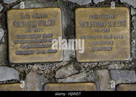 Stolperstein (stumbling stone) on the streets of Berlin commemorating Richard and Wolfgang Wilde Stock Photo