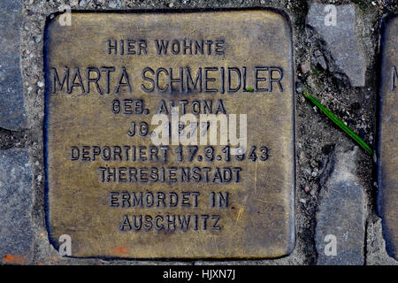 Stolperstein (stumbling stone) on the streets of Berlin (commemorating Marta Schmeidler) Stock Photo