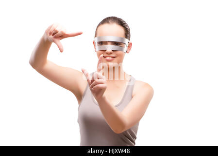 Techno girl pressing virtual button isolated on white Stock Photo