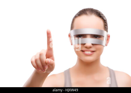 Techno girl pressing virtual button isolated on white Stock Photo