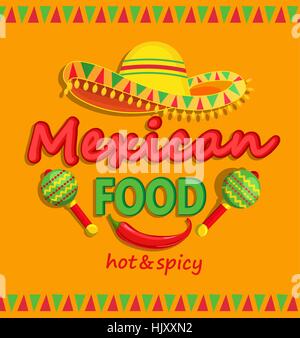 Mexican food flyer with traditional spicy , maracas and sombrero vector illustration Stock Vector