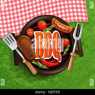 BBQ Grill elements - Typographical Design Label or Sticer on the background of green grass and rustic tablecloths in red and white squares. Stock Vector