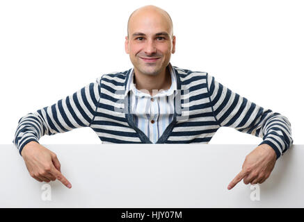 Portrait of happy man with blank advertising board or copy space, isolated on white Stock Photo
