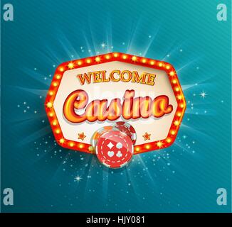 Shining retro light frame , vector illustration on a casino theme with lighting display and welcome text on blue background. Stock Vector