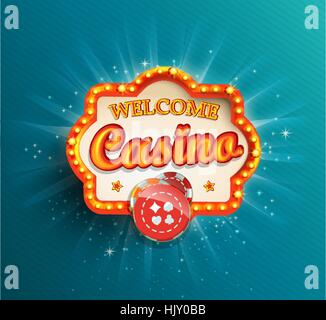 Shining retro light frame , vector illustration on a casino theme with lighting display and welcome text on blue background. Stock Vector