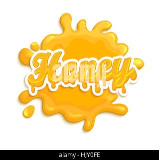 Honey label splash. Blot and lettering on white background. Splash and blot design, shape creative vector illustration. Stock Vector