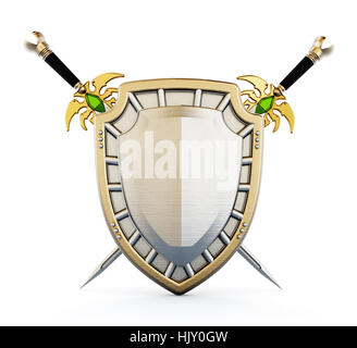 Shield and crossed swords isolated on white background. 3D illustration. Stock Photo