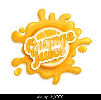 Orange juice label splash. Blot and lettering with ribbon on white background. Splash and blot design, shape creative vector illustration. Stock Vector