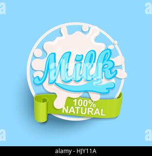 Milk label splash. Blot and lettering with ribbon on blue background. Splash and blot design. Stock Vector