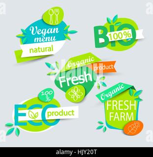 Modern vector set of healthy organic food labels, tags, emblems, logo for meal and drink,cafe, restaurants and organic products packaging. Vector. Stock Vector