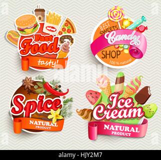 Food and drink elements, Typographical Design Label or Sticker - fast food, spice, candy shop, ice cream - Design Template. Vector illustration. Stock Vector