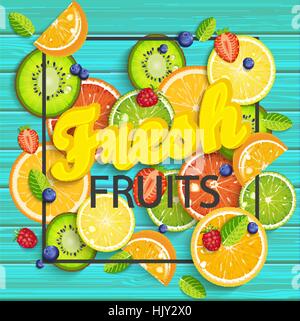 Blue wooden background with tropical fruits and berries, square frame and the lettering fresh summer. Vector illustration. Stock Vector