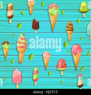 Colorful pattern made of ice cream, leaves on the blue wooden background, vector illustration. Stock Vector