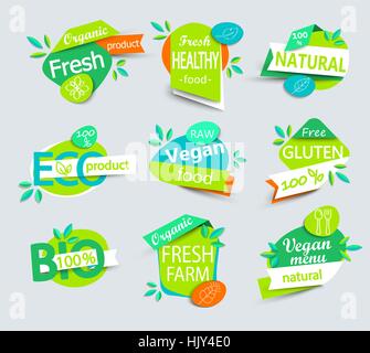 Modern vector set of healthy organic food labels, tags, emblems, logo for meal and drink,cafe, restaurants and organic products packaging.Vector. Stock Vector